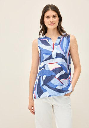 Mouwloze top in schakeringen van blauw, met een golvende print en rode accenten. Getextureerde stof met een V-halslijn en een losse pasvorm.