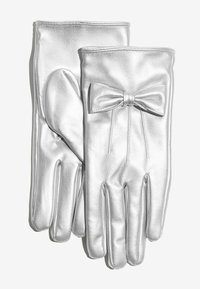 Sudraba ādas cimdi ar vienmērīgu tekstūru, kas rotāti ar loku akcentu uz plaukstas. Dizains ietver klasiskas pirkstu formas.