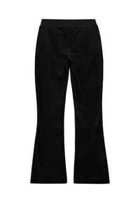 Black flared pants made of soft fabric, featuring a wide waistband and a smooth texture. No visible patterns or hardware details.