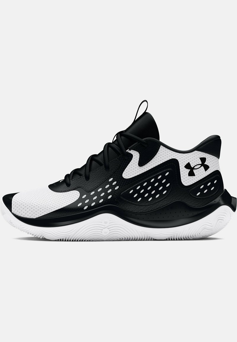 Schwarz-weißer Sportschuh aus Mesh-Gewebe, mit strukturierten Überzügen und Perforationen für Atmungsaktivität. Ausgestattet mit Gummisohle und Logo an der Seite.