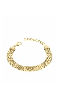 Pulsera de malla dorada que presenta múltiples hebras, con un cierre de langosta y una cadena ajustable para variaciones de tamaño. Textura suave y acabado metálico.