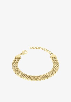 Pulsera de malla dorada que presenta múltiples hebras, con un cierre de langosta y una cadena ajustable para variaciones de tamaño. Textura suave y acabado metálico.
