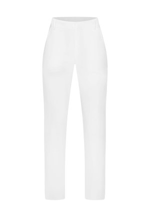 Pantaloni bianchi a taglio dritto, con una texture del tessuto liscia, tasche frontali e passanti per cintura. Nessun motivo o decorazione visibile.