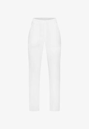 Pantaloni bianchi a taglio dritto, con una texture del tessuto liscia, tasche frontali e passanti per cintura. Nessun motivo o decorazione visibile.