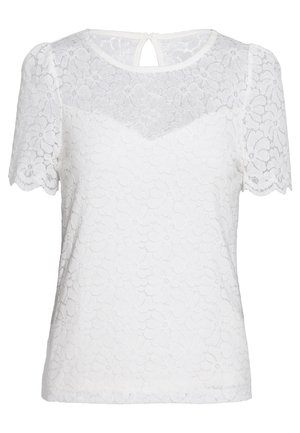 Hvid kortærmet blonde top med blomsterprint, bølgede ærmekanter og knaplukning med nøglehul bag i halsudskæringen.