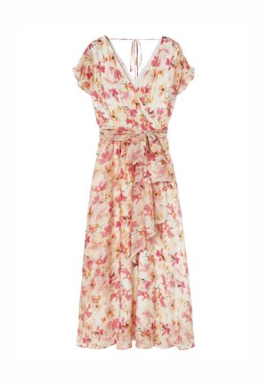 Gėlėta suknelė su rožinėmis ir persikinėmis gėlėmis, trumpomis žaismingomis rankovėmis, V formos iškirpte ir juosmens diržu ant balto fono.
