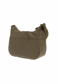 Borsa a spalla in tessuto marrone compatto con tracolla regolabile e zip superiore, mostrata su uno sfondo bianco.