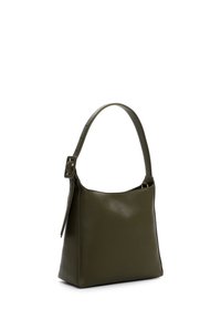 Olive green leather shoulder bag with adjustable strap and rectangular buckle, featuring subtle brand logo on front.