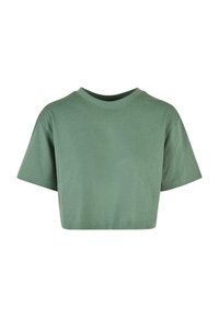 Zkrácená tričko v tlumené zelené barvě, vyrobené z měkké bavlny, s kulatým výstřihem a krátkými rukávy, s čistým švem a bez vzorů.