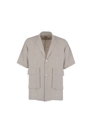 Blazer beige chiaro in lino a maniche corte con rever a lancia, due tasche frontali con patta e due bottoni centrali.