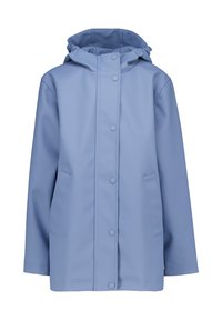 Cappotto impermeabile di colore azzurro chiaro. Presenta una chiusura frontale con bottoni a pressione a lunghezza piena, cappuccio e due tasche laterali. Texture liscia.