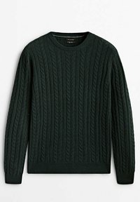 Dunkelgrüner Strickpullover mit Kabelmuster, rundem Ausschnitt und langen Ärmeln, aus einem strukturierten, wollähnlichen Material gefertigt.