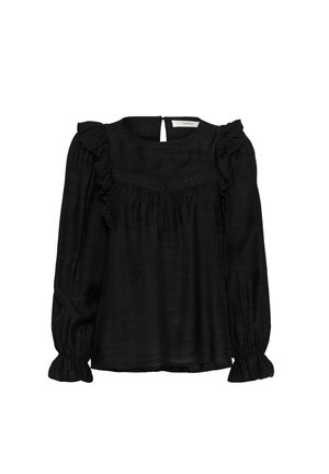 Black blouse made of lightweight fabric, featuring a square neckline, ruffled shoulders, and puffed sleeves with elastic cuffs.