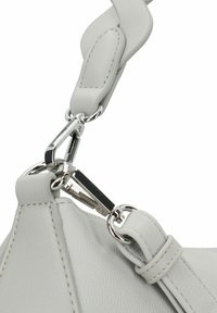 Light grey leather bag strap featuring a braided design and silver hardware. Includes a lobster clasp and stitched accents for durability.