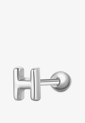 Boucle d'oreille à tige en métal argenté en forme de la lettre H, avec une tige droite et un fermoir rond.