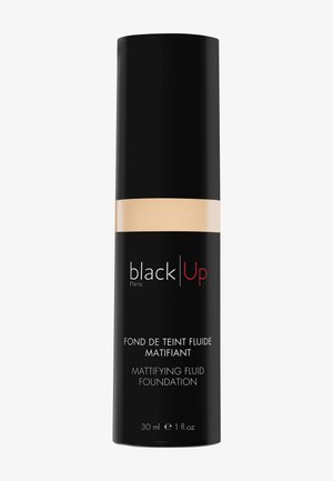 Flacon de fond de teint fluide matifiant Black Up Paris noir avec bouchon noir et bande beige, 30 ml, étiqueté en français et en anglais.