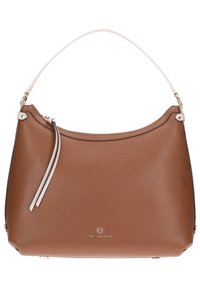 Borsa a spalla in pelle marrone con texture a ciottoli, manico bianco, chiusura superiore con zip e hardware in tono argento; presenta il logo nella parte anteriore.