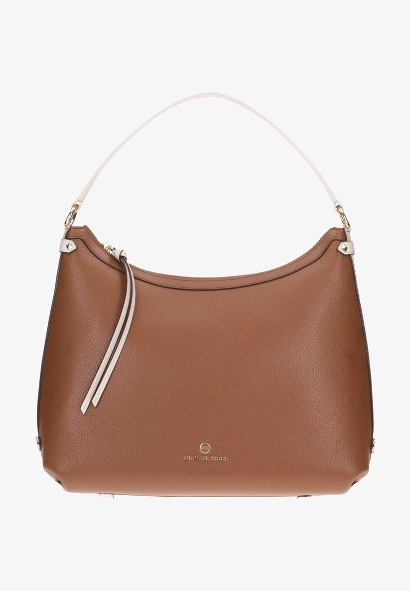 Borsa a spalla in pelle marrone con texture a ciottoli, manico bianco, chiusura superiore con zip e hardware in tono argento; presenta il logo nella parte anteriore.