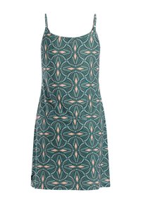 Bezrękawnik w kolorze morskim z cienkimi ramiączkami, ozdobiony geometrycznym wzorem różowych diamentów i białych trójkątnych akcentów.