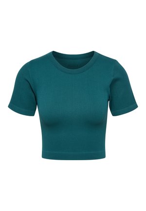 Kort, cropped top i grønblå med ribbet stof, rund halsudskæring, tætsiddende pasform og subtil lodret tekstur, vist på hvid baggrund.