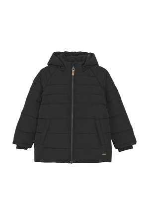 Svart puffjacka med huva, med quiltad tyg, framfickor med dragkedja och sidfickor; ribbade ärmslut och en liten logotypdetalj.