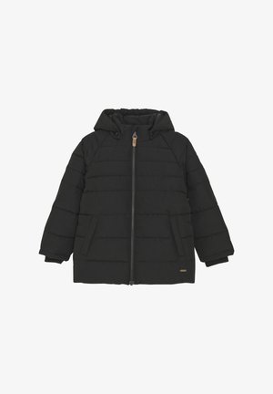 Schwarze Pufferjacke mit Kapuze, aus gestepptem Stoff, mit einem Frontreißverschluss und seitlichen Taschen; gerippte Bündchen und ein kleines Logodesign.