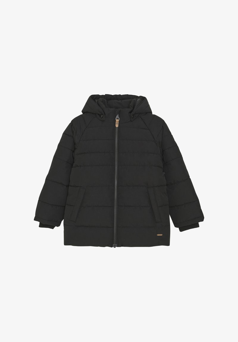 Svart puffjacka med huva, med quiltad tyg, framfickor med dragkedja och sidfickor; ribbade ärmslut och en liten logotypdetalj.