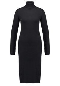 Svart polotröja klänning i mjukt tyg, figurnära design med långa ärmar, knälång, sömlös struktur, utan mönster eller accenter.