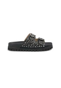 Black slide sandal with studded detailing, two adjustable buckles, a textured rubber sole, and a smooth inner lining.