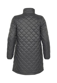 Quilted lång kappa i mörkgrå nylon, med hög krage, långa ärmar och ett diamantmönster med rak skärning vid nederkanten.