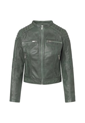 Donkergroene leren jas met een kort ontwerp, gestikte schouderaccenten en meerdere ritszakken aan de voorkant. Gladde textuur.