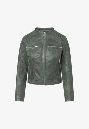 Donkergroene leren jas met een kort ontwerp, gestikte schouderaccenten en meerdere ritszakken aan de voorkant. Gladde textuur.