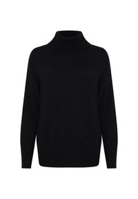 Pull à col roulé noir en tricot doux et texturé. Il présente un col haut et des poignets et un ourlet côtelés. Design simple et épuré.