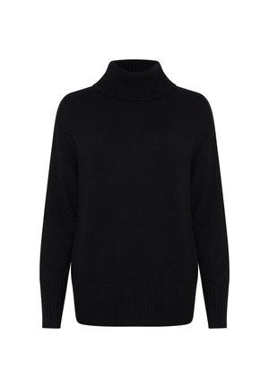 Zwarte coltrui in een zachte, textuur gehaakte stof. Heeft een hoge kraag en ribbelkanten aan de mouwen en onderkant. Eenvoudig, gestroomlijnd ontwerp.