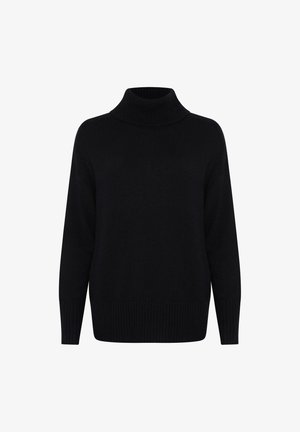 Pull à col roulé noir en tricot doux et texturé. Il présente un col haut et des poignets et un ourlet côtelés. Design simple et épuré.