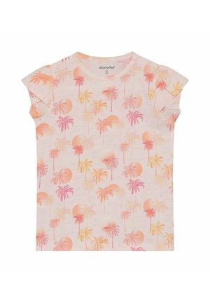 Maglietta a maniche corte per bambini con motivo di palme e tramonto nei colori rosa, arancione e giallo su sfondo rosa chiaro.