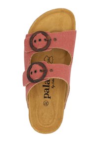 Sandal in tela rosa con due fibbie circolari regolabili marroni, suola testurizzata e insole imbottita. Logo stampato all'interno.