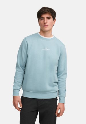 Hellblaues Sweatshirt aus weichem Material, mit gerippten Bündchen und Saum, runder Ausschnitt und kleinem weißen Logo, das auf der Brust zentriert ist.