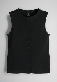 Top de punto negro sin mangas con canalé, escote redondo y cierre frontal de botones, talla mediana, colocado plano sobre superficie clara.