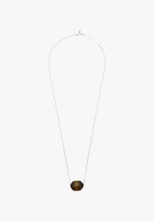 Silver chain necklace featuring a central, octagonal, dark brown tiger's eye stone with a smooth texture. The stone is slightly glossy.