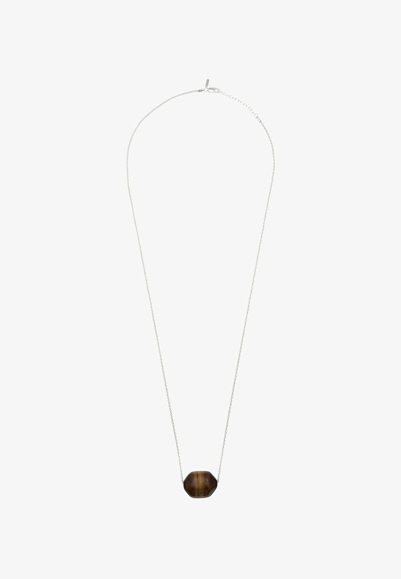 Silver chain necklace featuring a central, octagonal, dark brown tiger's eye stone with a smooth texture. The stone is slightly glossy.