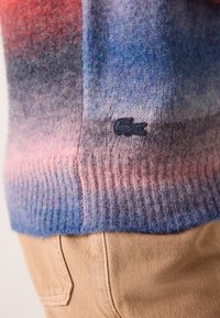 Gros plan d’un pull en tricot multicolore avec ourlet côtelé et petit logo crocodile au-dessus de la poche d’un pantalon en velours côtelé beige.