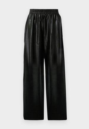 Sorte læder brede bukser med elastisk talje, der har to sidelommer og en glat, blank overflade.