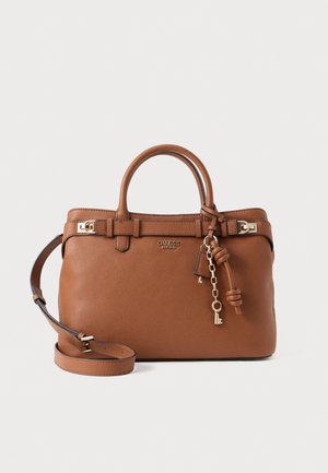 Brown leather handbag with dual top handles, removable shoulder strap, gold hardware, and decorative key charm attached.