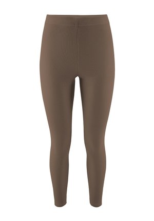 Brązowe żebrowane legginsy z wysokim stanem, o dopasowanym kroju sięgającym do kostek. Gładki, elastyczny materiał o matowym wykończeniu.