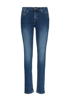 Jeans skinny en denim bleu moyen. Présente une coupe slim, un design classique à cinq poches et un léger effet de délavage sur le devant. Fermeture à bouton en métal.