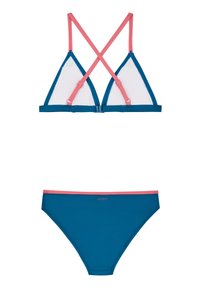 Teal spalvos trikampis bikini viršus su rožinėmis dirželis ir reguliuojamais sagtimis; atitinkamieji teal spalvos apatiniai su rožiniu apvadu ir logotipo detale priekyje.