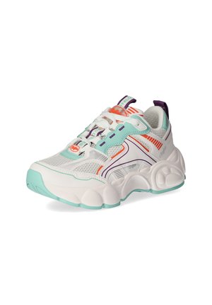 Weißer Sportschuh aus Mesh- und Synthetikmaterialien. Mit türkisfarbenen, lila und orangen Akzenten. Dicke Sohle mit strukturiertem Design.