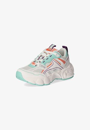 White athletic sneaker with mesh and synthetic materials. Features turquoise, purple, and orange accents. Thick sole with textured design.