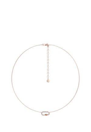 Zarte Halskette aus Roségold mit kleinem ovalem Anhänger, besetzt mit klaren Steinen und einem winzigen pfeilförmigen Detail.